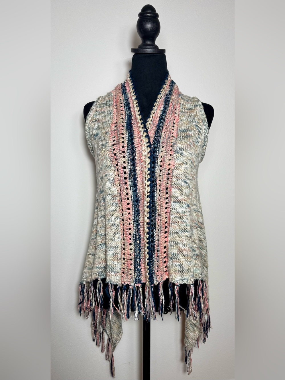 Copper Key Boho Knit Fringe Vest with Crochet Medallion Back - Size Large